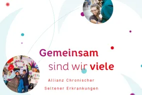 Bunte Punkte, zwei runde Fotos mit Menschengruppen dazu der Text Gemeinsam sind wir viele Allianz Chronischer Seltener Erkrankungen  - Ausschnitt aus dem Cover der Image-Broschüre der ACHSE 